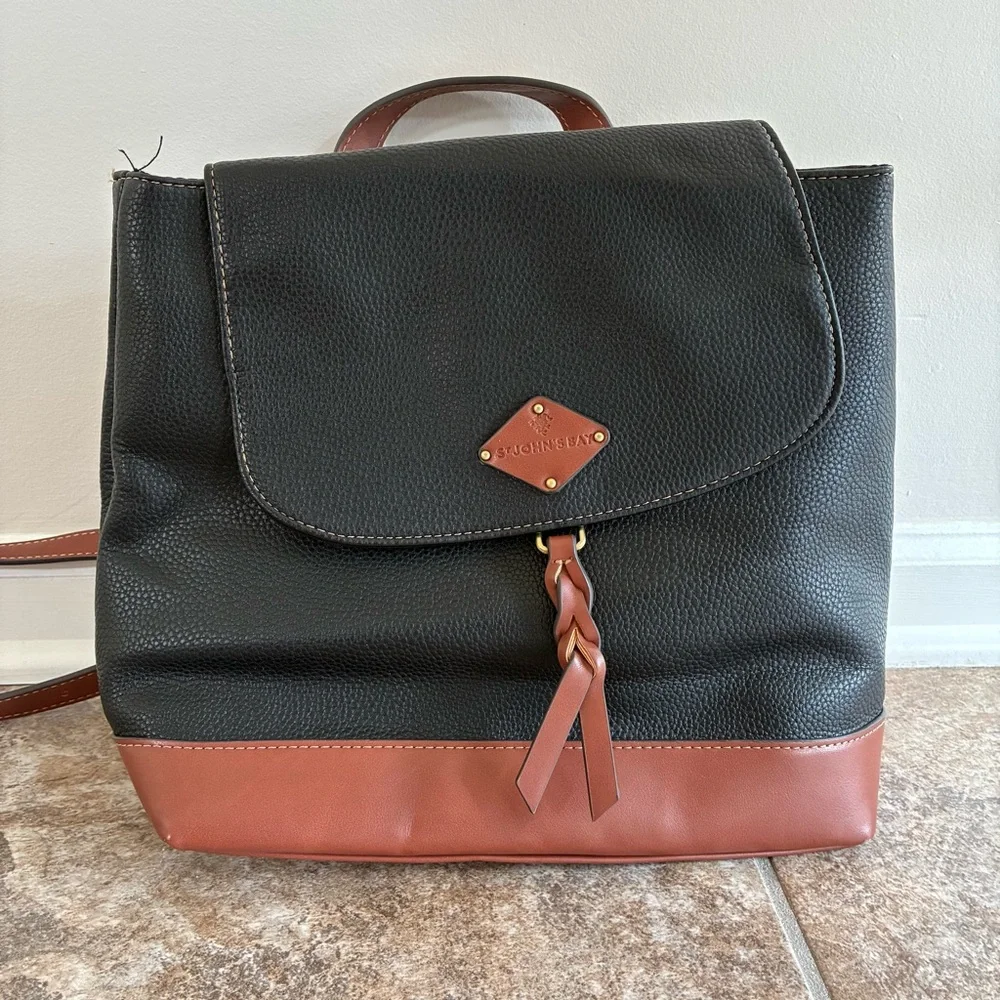 St. John’s Bay Black Brown Faux Pebble Leather Backpack Diaper Bag Flap Closure
